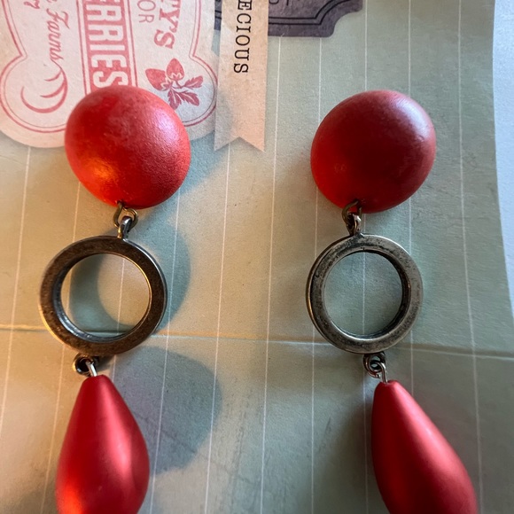 Red and silver metal pierced earrings 3” long - Picture 3 of 4